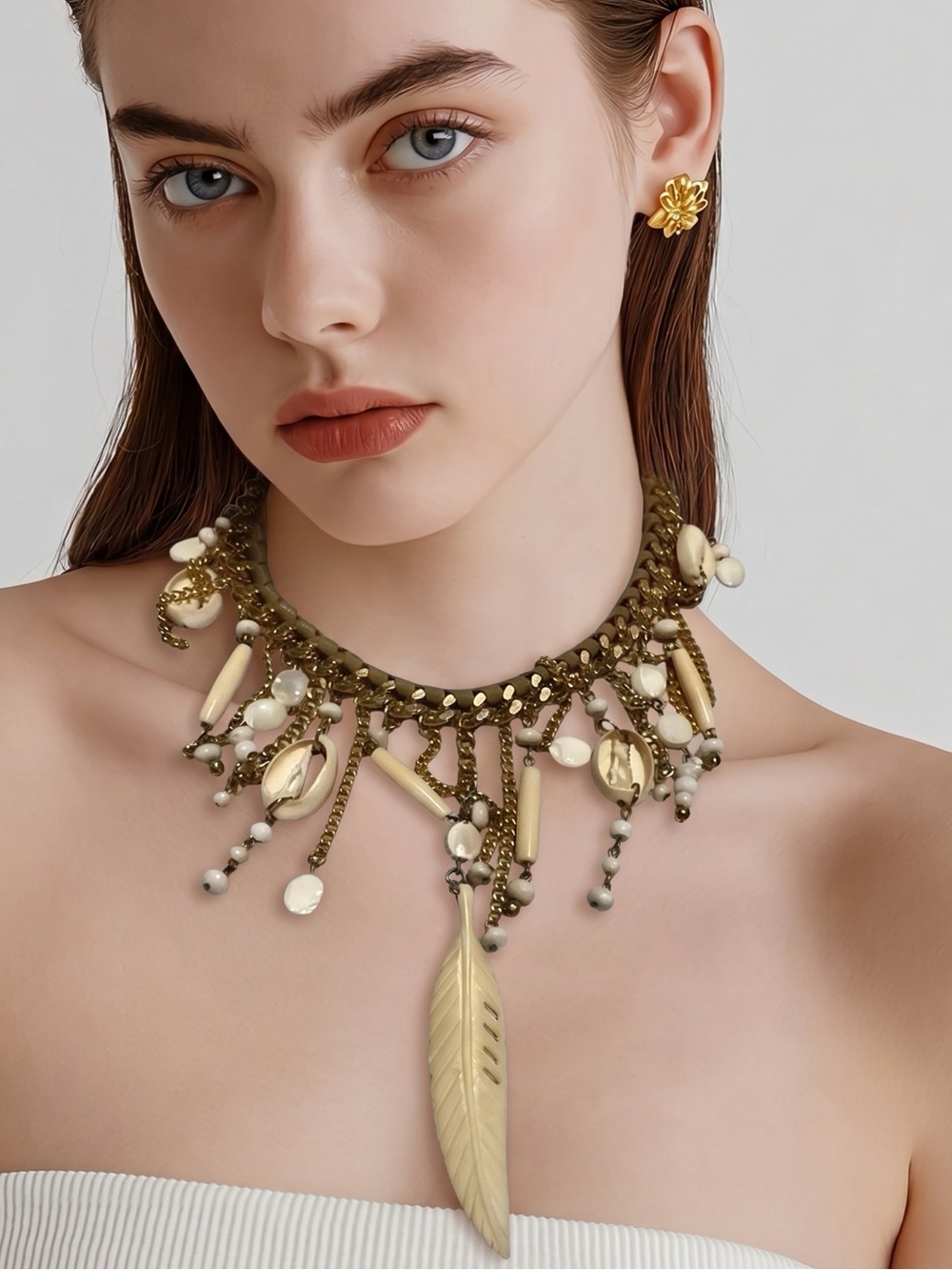 Sara Designs Gold Tone Shell & Feather
Statement Necklace